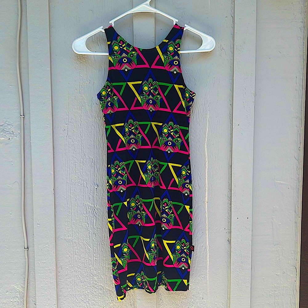 Eclectic mini dress. Bright and colorful neon and black size small dress.